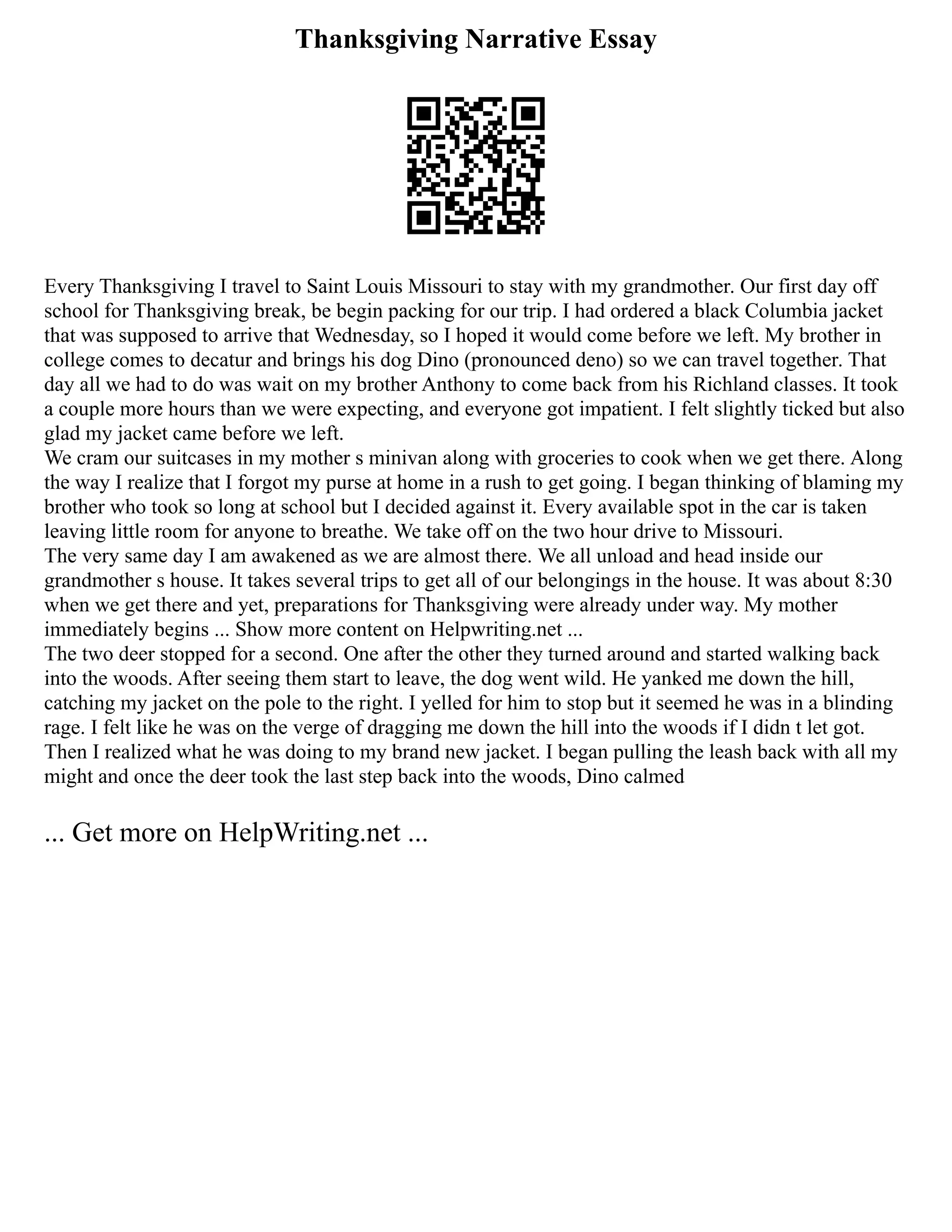 Thanksgiving Narrative Essay
Every Thanksgiving I travel to Saint Louis Missouri to stay with my grandmother. Our first day off
school for Thanksgiving break, be begin packing for our trip. I had ordered a black Columbia jacket
that was supposed to arrive that Wednesday, so I hoped it would come before we left. My brother in
college comes to decatur and brings his dog Dino (pronounced deno) so we can travel together. That
day all we had to do was wait on my brother Anthony to come back from his Richland classes. It took
a couple more hours than we were expecting, and everyone got impatient. I felt slightly ticked but also
glad my jacket came before we left.
We cram our suitcases in my mother s minivan along with groceries to cook when we get there. Along
the way I realize that I forgot my purse at home in a rush to get going. I began thinking of blaming my
brother who took so long at school but I decided against it. Every available spot in the car is taken
leaving little room for anyone to breathe. We take off on the two hour drive to Missouri.
The very same day I am awakened as we are almost there. We all unload and head inside our
grandmother s house. It takes several trips to get all of our belongings in the house. It was about 8:30
when we get there and yet, preparations for Thanksgiving were already under way. My mother
immediately begins ... Show more content on Helpwriting.net ...
The two deer stopped for a second. One after the other they turned around and started walking back
into the woods. After seeing them start to leave, the dog went wild. He yanked me down the hill,
catching my jacket on the pole to the right. I yelled for him to stop but it seemed he was in a blinding
rage. I felt like he was on the verge of dragging me down the hill into the woods if I didn t let got.
Then I realized what he was doing to my brand new jacket. I began pulling the leash back with all my
might and once the deer took the last step back into the woods, Dino calmed
... Get more on HelpWriting.net ...
 