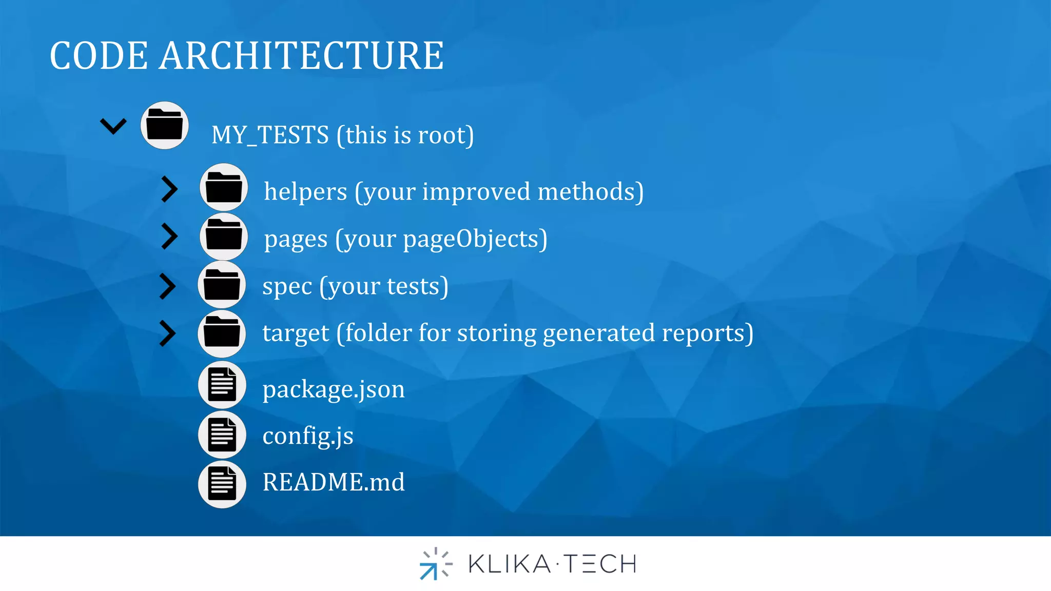 CODE ARCHITECTURE
helpers (your improved methods)
MY_TESTS (this is root)
pages (your pageObjects)
spec (your tests)
target (folder for storing generated reports)
package.json
config.js
README.md
 