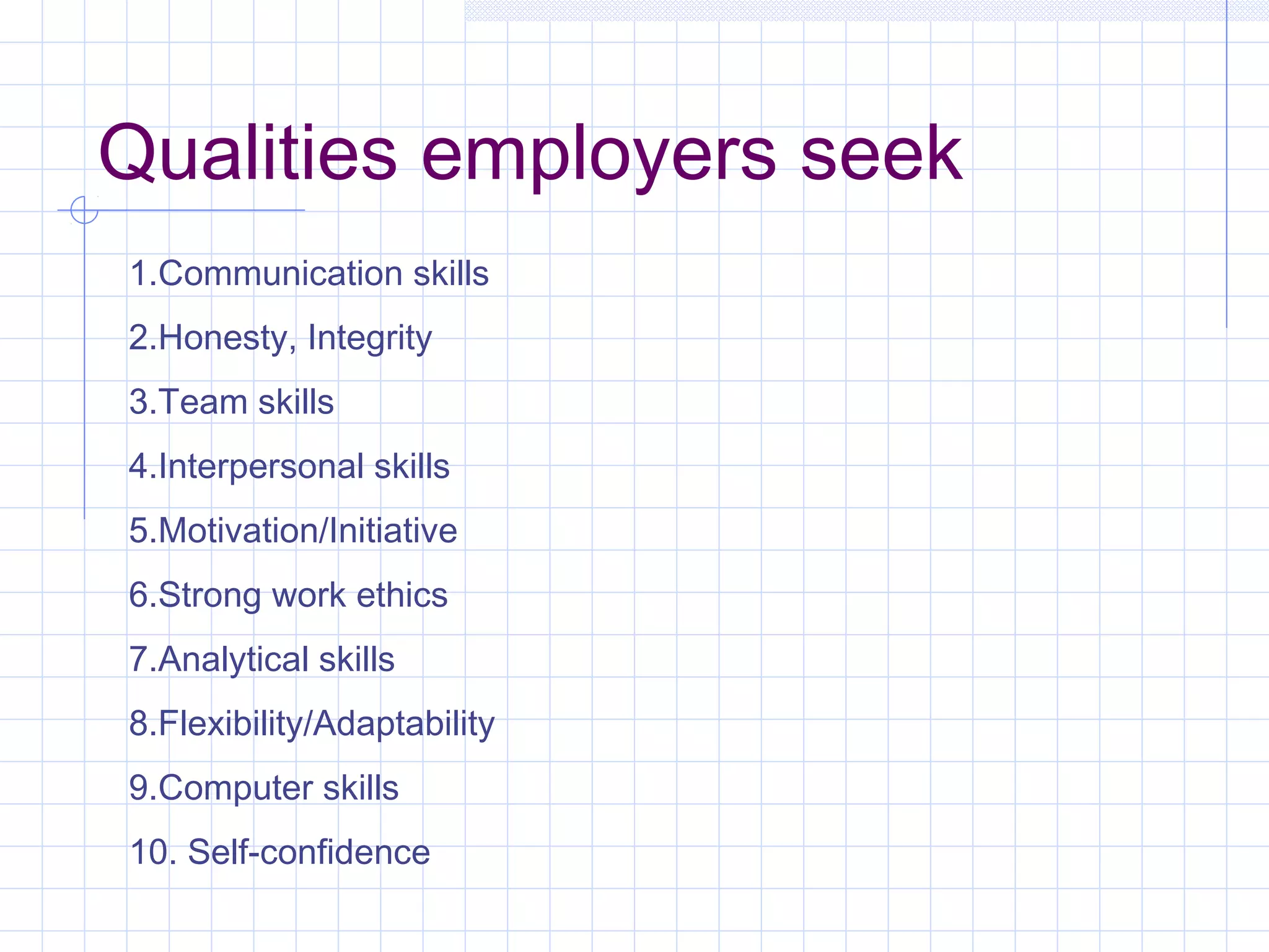 Qualities employers seek 
1.Communication skills 
2.Honesty, Integrity 
3.Team skills 
4.Interpersonal skills 
5.Motivation/Initiative 
6.Strong work ethics 
7.Analytical skills 
8.Flexibility/Adaptability 
9.Computer skills 
10. Self-confidence 
 