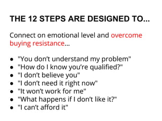 THE 12 STEPS ARE DESIGNED TO...
Connect on emotional level and overcome
buying resistance…
● "You don’t understand my prob...