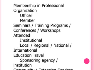 Membership in Professional
Organization
    Officer
    Member
Seminars / Training Programs /
Conferences / Workshops
Attended
    Institutional
    Local / Regional / National /
International
Education Travel
    Sponsoring agency /
institution
 