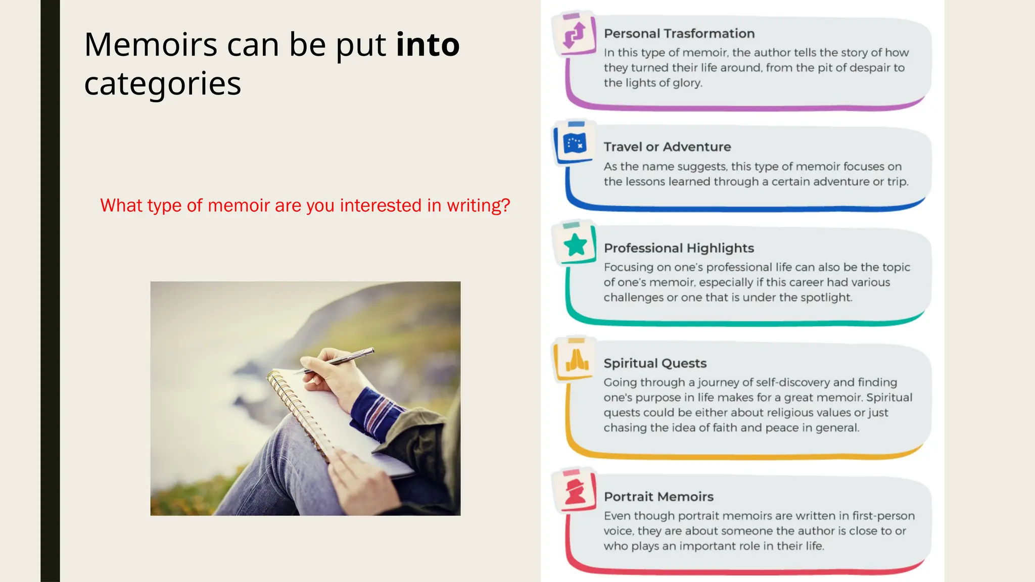 Memoirs can be put into
categories
What type of memoir are you interested in writing?
 