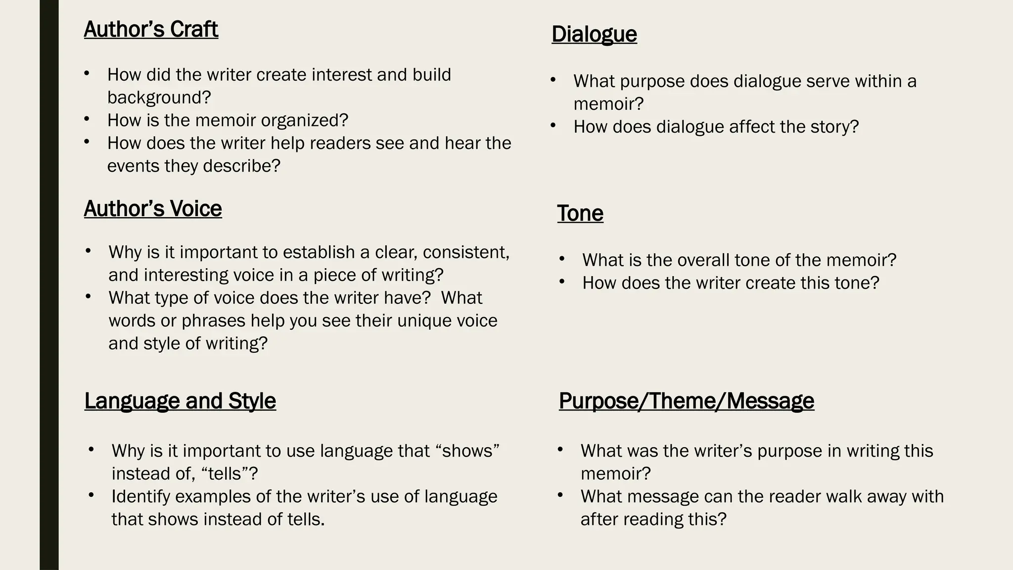 • How did the writer create interest and build
background?
• How is the memoir organized?
• How does the writer help readers see and hear the
events they describe?
Author’s Craft
Author’s Voice
• Why is it important to establish a clear, consistent,
and interesting voice in a piece of writing?
• What type of voice does the writer have? What
words or phrases help you see their unique voice
and style of writing?
Language and Style
• Why is it important to use language that “shows”
instead of, “tells”?
• Identify examples of the writer’s use of language
that shows instead of tells.
Dialogue
• What purpose does dialogue serve within a
memoir?
• How does dialogue affect the story?
Tone
• What is the overall tone of the memoir?
• How does the writer create this tone?
Purpose/Theme/Message
• What was the writer’s purpose in writing this
memoir?
• What message can the reader walk away with
after reading this?
 