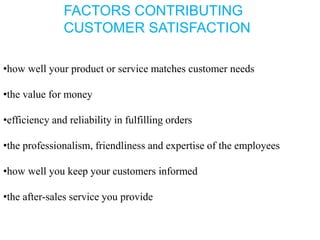 •how well your product or service matches customer needs
•the value for money
•efficiency and reliability in fulfilling orders
•the professionalism, friendliness and expertise of the employees
•how well you keep your customers informed
•the after-sales service you provide
FACTORS CONTRIBUTING
CUSTOMER SATISFACTION
 