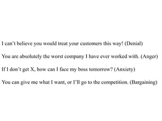 I can’t believe you would treat your customers this way! (Denial)
You are absolutely the worst company I have ever worked with. (Anger)
If I don’t get X, how can I face my boss tomorrow? (Anxiety)
You can give me what I want, or I’ll go to the competition. (Bargaining)
 