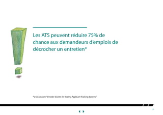 12
*www.cio.com“5 Insider Secrets for Beating Applicant Tracking Systems”
Les ATS peuvent réduire 75% de
chance aux demandeurs d’emplois de
décrocher un entretien*
 