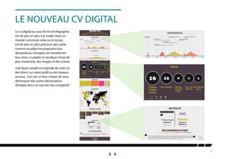5
LE NOUVEAU CV DIGITAL
Le cv digital ou sous forme d’infographie
est de plus en plus à la mode. Dans un
monde comme le nôtre où le temps
est de plus en plus précieux, des outils
comme vizualize.me proposent aux
demandeurs d’emplois de transformer
leur vieux cv papier en quelque chose de
plus visuel avec des images et des icônes.
Une façon simple et originale de créer un
lien direct sur votre profil sur les réseaux
sociaux . Ceci est un bon moyen de vous
démarquer des autres demandeurs
d’emploi dans un marché très compétitif.
 