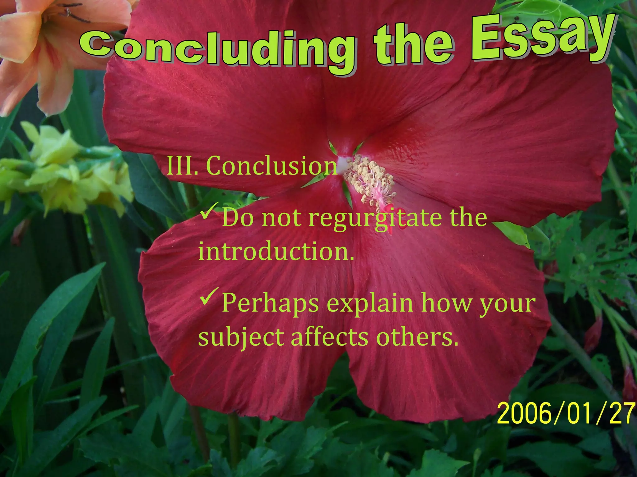 III. Conclusion
Do not regurgitate the
introduction.
Perhaps explain how your
subject affects others.
 