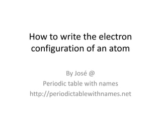 How to write the electron
configuration of an atom
By José @
Periodic table with names
http://periodictablewithnames.net
 