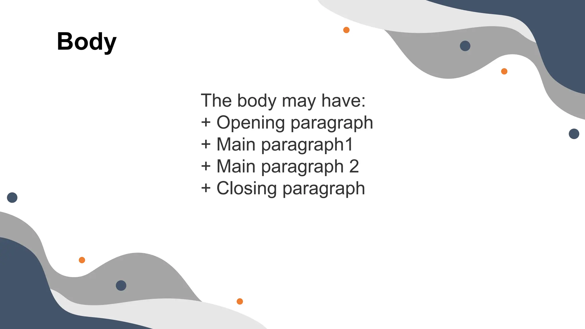 Body
The body may have:
+ Opening paragraph
+ Main paragraph1
+ Main paragraph 2
+ Closing paragraph
 