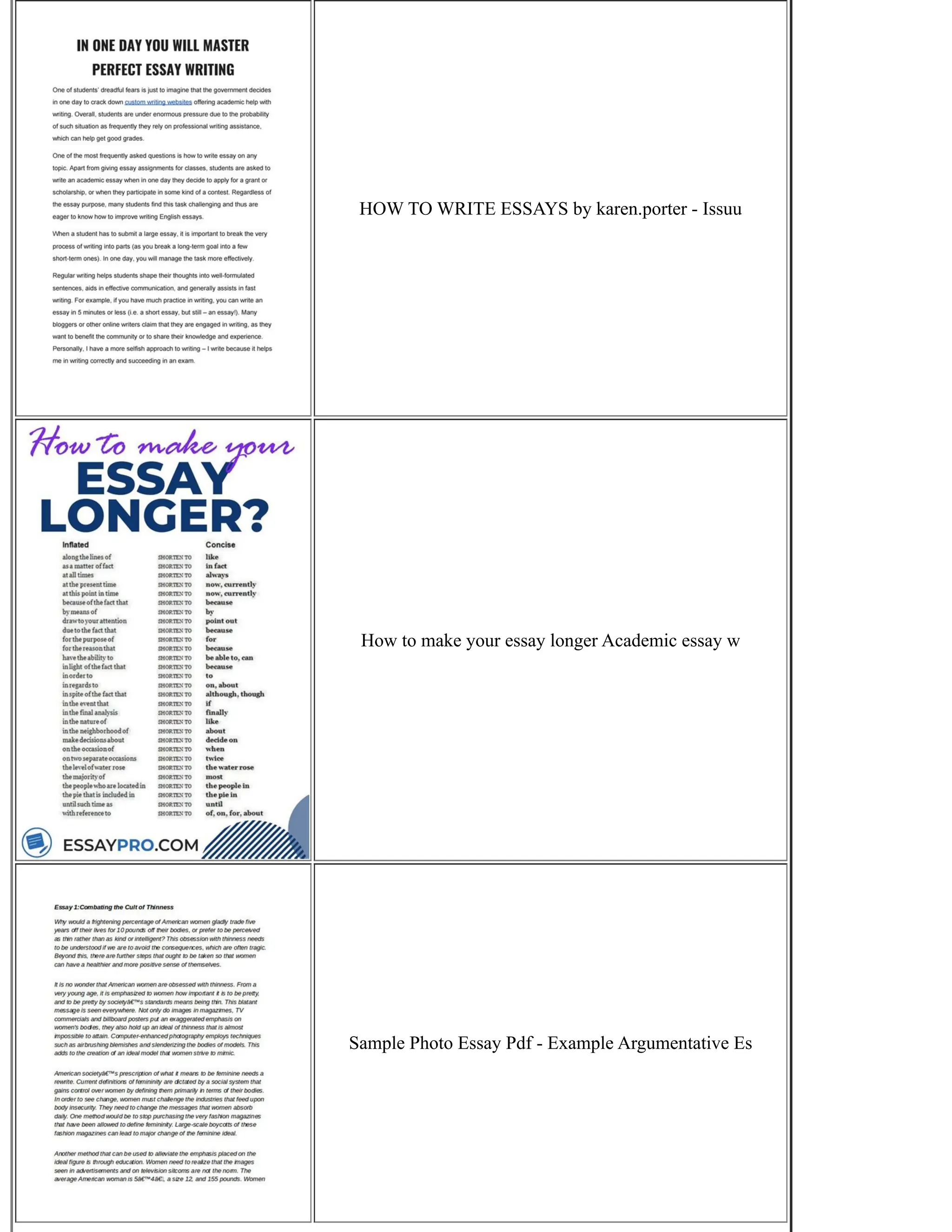 HOW TO WRITE ESSAYS by karen.porter - Issuu
How to make your essay longer Academic essay w
Sample Photo Essay Pdf - Example Argumentative Es
 