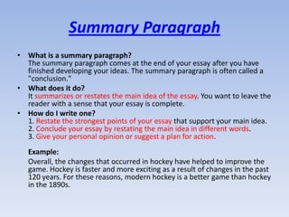 Summary Paragraph
• What is a summary paragraph?
  The summary paragraph comes at the end of your essay after you have
  finished developing your ideas. The summary paragraph is often called a
  "conclusion."
• What does it do?
  It summarizes or restates the main idea of the essay. You want to leave the
  reader with a sense that your essay is complete.
• How do I write one?
  1. Restate the strongest points of your essay that support your main idea.
  2. Conclude your essay by restating the main idea in different words.
  3. Give your personal opinion or suggest a plan for action.
   Example:
   Overall, the changes that occurred in hockey have helped to improve the
   game. Hockey is faster and more exciting as a result of changes in the past
   120 years. For these reasons, modern hockey is a better game than hockey
   in the 1890s.
 
