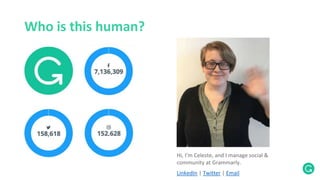Who is this human?
Hi, I’m Celeste, and I manage social &
community at Grammarly.
LinkedIn | Twitter | Email
 