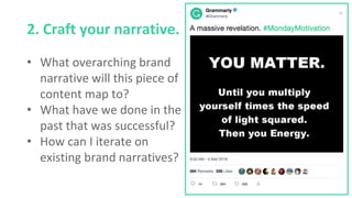 2. Craft your narrative.
• What overarching brand
narrative will this piece of
content map to?
• What have we done in the
past that was successful?
• How can I iterate on
existing brand narratives?
 