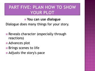 Part five: Plan how to show your plotYou can use dialogueDialogue does many things for your story.Reveals character (especially through reactions)Advances plotBrings scenes to lifeAdjusts the story's pace