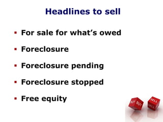 Headlines to sell
For sale for what’s owed
Foreclosure
Foreclosure pending
Foreclosure stopped
Free equity
 