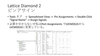 Lattice Diamond 2
ピンアサイン
• Tools タブ -> Spreadsheet View -> Pin Assignments -> Double Click
“Signal Name” -> Assign Signals
• 必要か分からないが私はPort Assignments でLVCMOS25から
LVCMOS33に変更している。
 