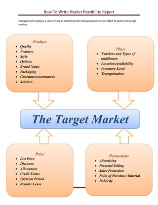 How To Write Market Feasibility Report 
www.ventureart.biz Page 6 
management involves a seller trying to determine the following points in an effort to define the target market: 
Product 
 Quality 
 Features 
 Style 
 Options 
 Brand Name 
 Packaging 
 Guarantees/warrantees 
 Services 
Promotions 
 Advertising 
 Personal Selling 
 Sales Promotion 
 Point of Purchase Material 
 Publicity 
Price 
 List Price 
 Discount 
 Allowances 
 Credit Terms 
 Payment Period 
 Rental / Lease 
Place 
 Numbers and Types of middlemen 
 Locations/availability 
 Inventory Level 
 Transportation 
The Target Market  