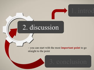 – you can start with the most important point to go
straight to the point
 