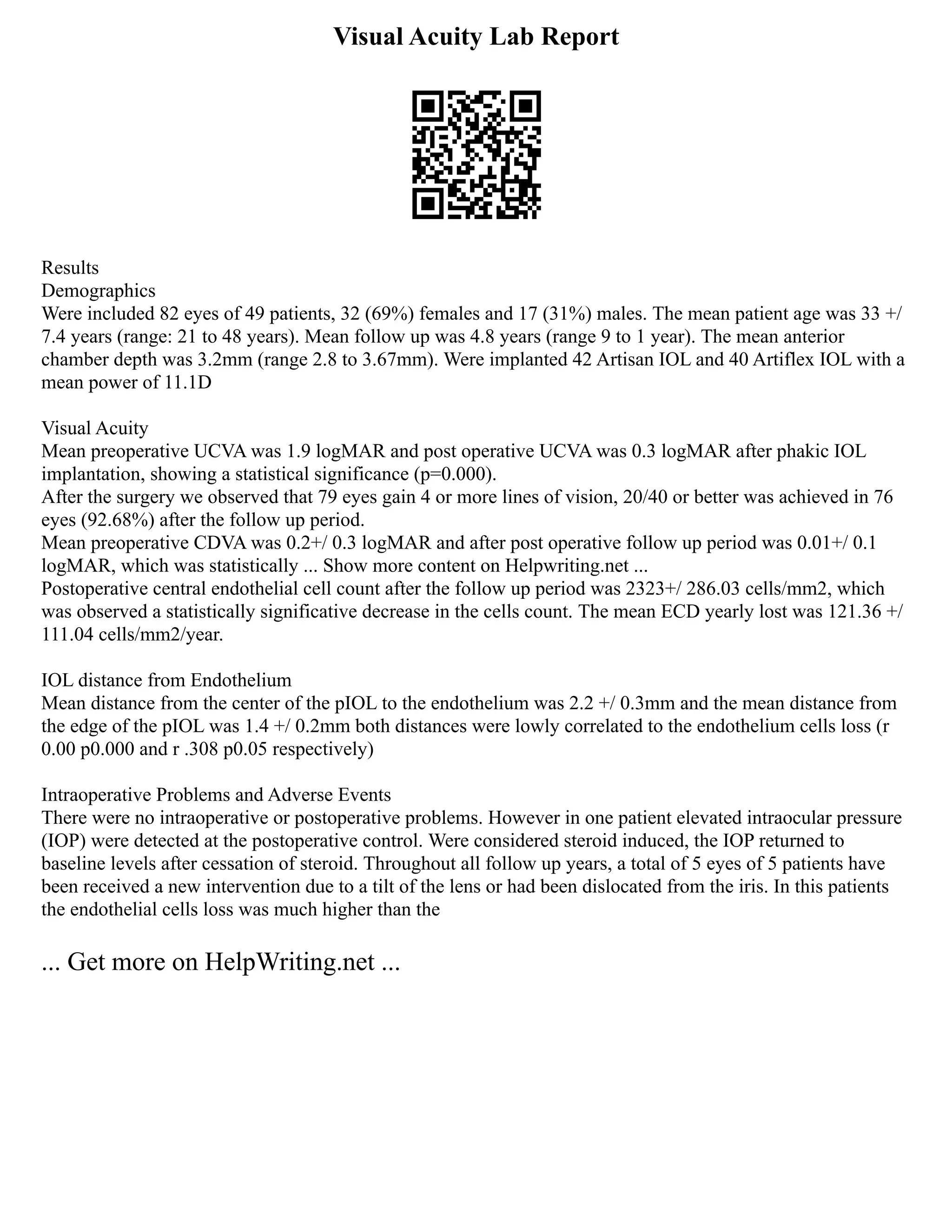 Visual Acuity Lab Report
Results
Demographics
Were included 82 eyes of 49 patients, 32 (69%) females and 17 (31%) males. The mean patient age was 33 +/
7.4 years (range: 21 to 48 years). Mean follow up was 4.8 years (range 9 to 1 year). The mean anterior
chamber depth was 3.2mm (range 2.8 to 3.67mm). Were implanted 42 Artisan IOL and 40 Artiflex IOL with a
mean power of 11.1D
Visual Acuity
Mean preoperative UCVA was 1.9 logMAR and post operative UCVA was 0.3 logMAR after phakic IOL
implantation, showing a statistical significance (p=0.000).
After the surgery we observed that 79 eyes gain 4 or more lines of vision, 20/40 or better was achieved in 76
eyes (92.68%) after the follow up period.
Mean preoperative CDVA was 0.2+/ 0.3 logMAR and after post operative follow up period was 0.01+/ 0.1
logMAR, which was statistically ... Show more content on Helpwriting.net ...
Postoperative central endothelial cell count after the follow up period was 2323+/ 286.03 cells/mm2, which
was observed a statistically significative decrease in the cells count. The mean ECD yearly lost was 121.36 +/
111.04 cells/mm2/year.
IOL distance from Endothelium
Mean distance from the center of the pIOL to the endothelium was 2.2 +/ 0.3mm and the mean distance from
the edge of the pIOL was 1.4 +/ 0.2mm both distances were lowly correlated to the endothelium cells loss (r
0.00 p0.000 and r .308 p0.05 respectively)
Intraoperative Problems and Adverse Events
There were no intraoperative or postoperative problems. However in one patient elevated intraocular pressure
(IOP) were detected at the postoperative control. Were considered steroid induced, the IOP returned to
baseline levels after cessation of steroid. Throughout all follow up years, a total of 5 eyes of 5 patients have
been received a new intervention due to a tilt of the lens or had been dislocated from the iris. In this patients
the endothelial cells loss was much higher than the
... Get more on HelpWriting.net ...
 