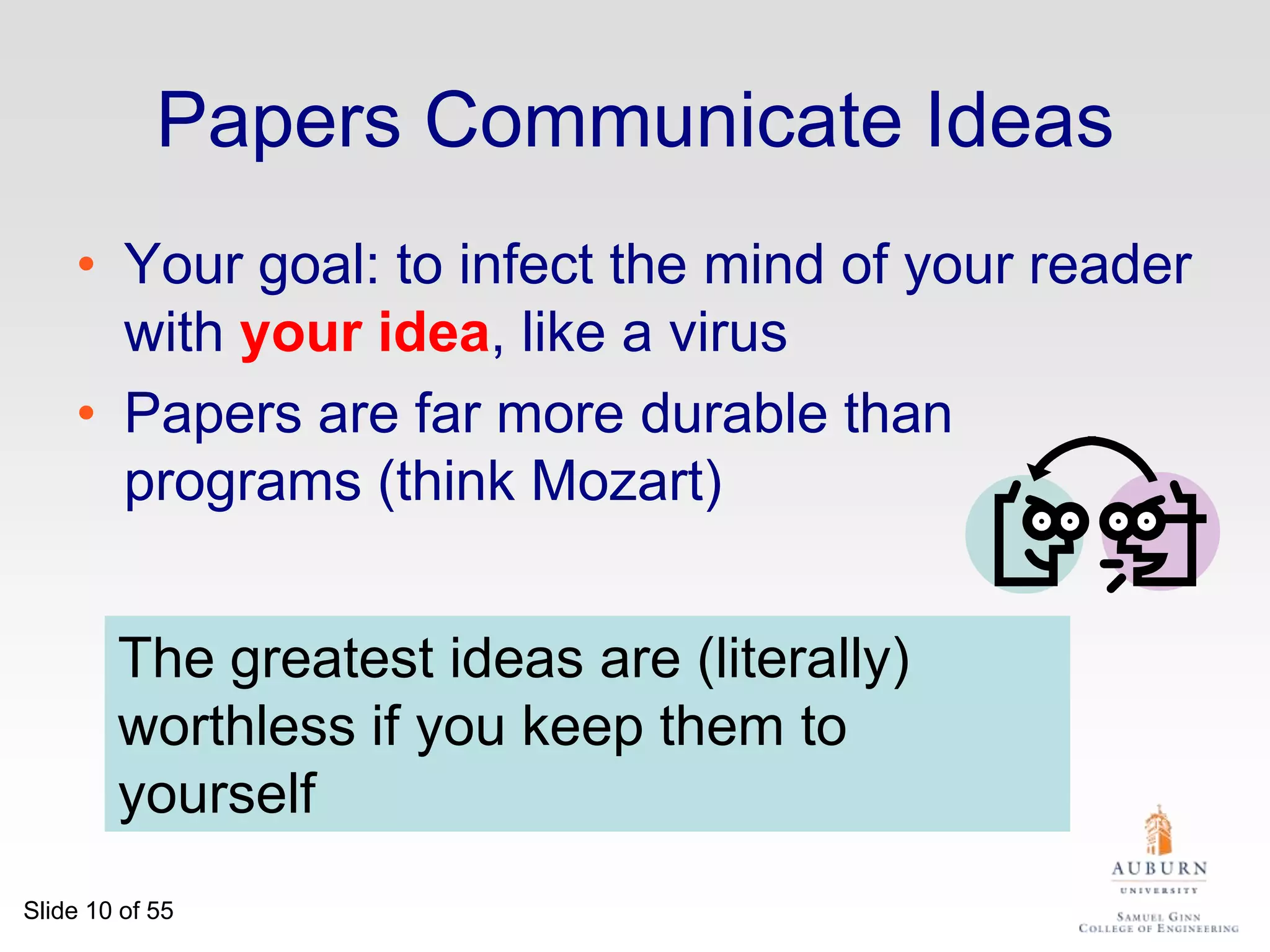 Why bother?Good papers and talks are a fundamental part of research excellenceFallacywe write papers and give talks mainly to impress others, gain recognition, and get promoted9