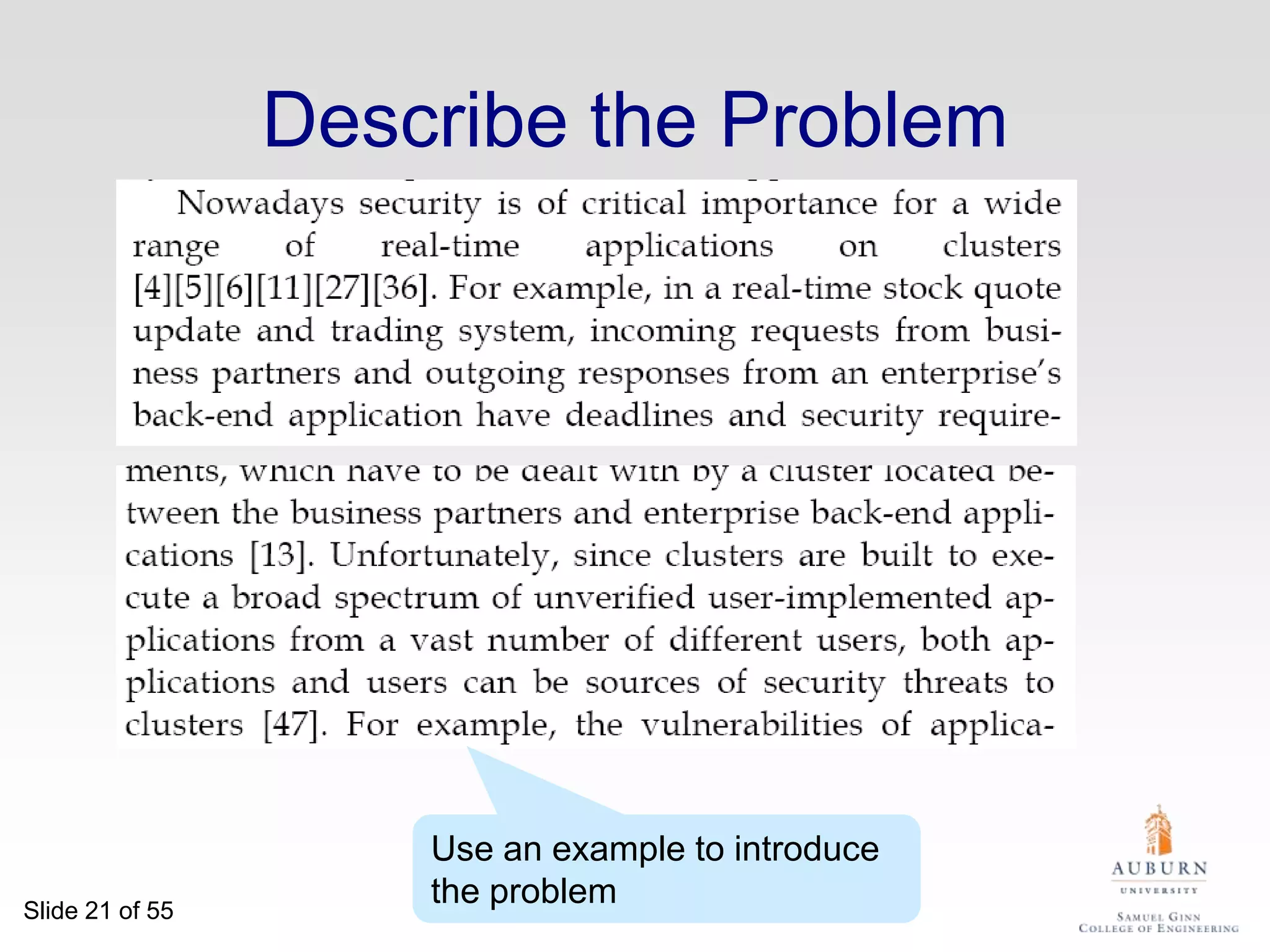 StructureAbstract (4 sentences)Introduction (1 page)The problem (1 page)My idea (2 pages)The details (5 pages)Related work (1-2 pages)Conclusions and further work (0.5 pages)