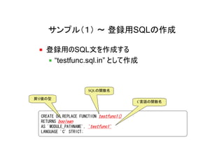 サンプル（１） ～ 登録用SQLの作成

    登録用のSQL文を作成する
     “testfunc.sql.in” として作成


                        SQLの関数名

戻り値の型
                                           C言語の関数名


  CREATE OR REPLACE FUNCTION testfunc1()
  RETURNS boolean
  AS 'MODULE_PATHNAME', 'testfunc1'
  LANGUAGE 'C' STRICT;
 