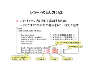 レコードの返し方（1/2）

     レコード（＝タプル）として返却するために
       ここでは2つの int8 の組みをレコードとして返す
   Datum
   testfunc3(PG_FUNCTION_ARGS)
   {
       TupleDesc tupd;                 /* タプルの型情報の構造体 */
       HeapTupleData tupleData;        /* タプルのデータ用構造体 */
       HeapTuple tuple = &tupleData;   /* タプルのデータ用ポインタ */
       char *values[2];
                                               タプルの型情報（の入れ物）を作る
       Datum result;
                                                            型情報を作成する
       tupd = CreateTemplateTupleDesc(2, false);
       TupleDescInitEntry(tupd, 1, "c1", INT8OID, -1, 0);
       TupleDescInitEntry(tupd, 2, "c2", INT8OID, -1, 0);

これらのカラムを組みに
してレコードとする。              カラム番号           カラム名          カラムの型
 