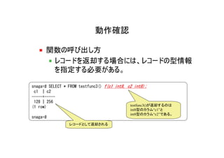 動作確認

      関数の呼び出し方
       レコードを返却する場合には、レコードの型情報
       を指定する必要がある。

snaga=# SELECT * FROM testfunc3() f(c1 int8, c2 int8);
 c1 | c2
-----+-----
 128 | 256
(1 row)                                       testfunc3()が返却するのは
                                             int8型のカラム“c1”と
                                             int8型のカラム“c2”である。
snaga=#
                 レコードとして返却される
 