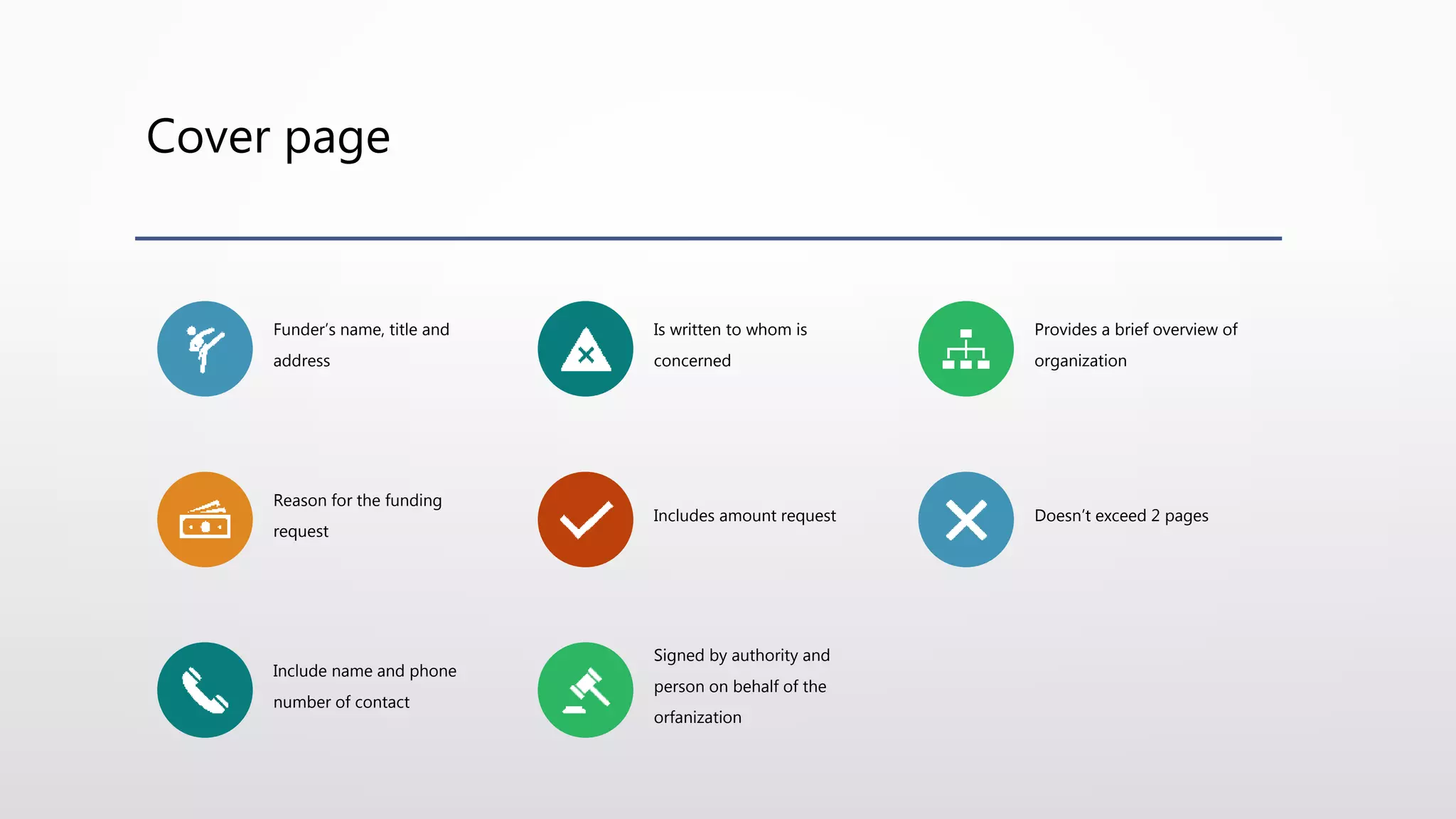 Cover page
Funder’s name, title and
address
Is written to whom is
concerned
Provides a brief overview of
organization
Reason for the funding
request
Includes amount request Doesn’t exceed 2 pages
Include name and phone
number of contact
Signed by authority and
person on behalf of the
orfanization
 