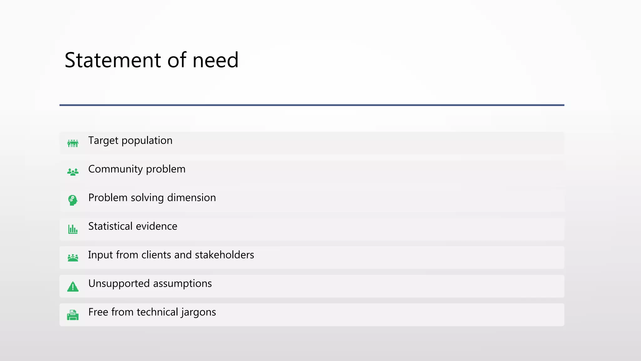 Statement of need
Target population
Community problem
Problem solving dimension
Statistical evidence
Input from clients and stakeholders
Unsupported assumptions
Free from technical jargons
 