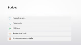 Budget
Proposal narrative
Project costs
Paid items
Non-personal costs
Direct costs relevant to tasks
 