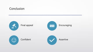 Conclusion
Final appeal Encouraging
Confident Assertive
 