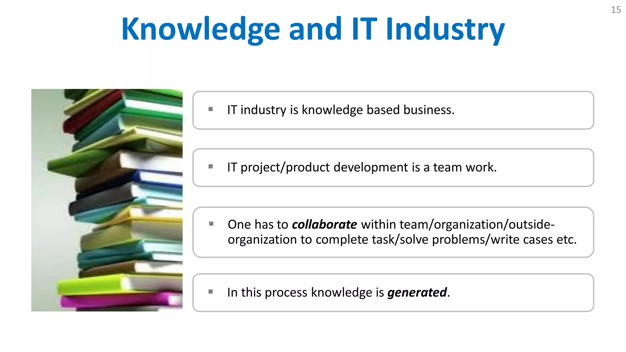 Knowledge and IT Industry
15
 IT industry is knowledge based business.
 IT project/product development is a team work.
 One has to collaborate within team/organization/outside-
organization to complete task/solve problems/write cases etc.
 In this process knowledge is generated.
 