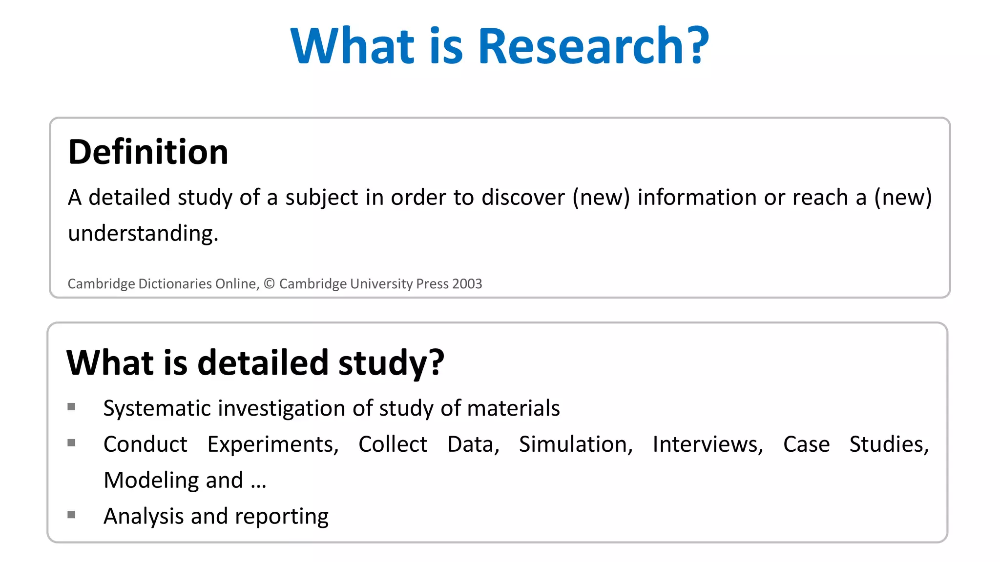 What is detailed study?
 Systematic investigation of study of materials
 Conduct Experiments, Collect Data, Simulation, Interviews, Case Studies,
Modeling and …
 Analysis and reporting
Definition
A detailed study of a subject in order to discover (new) information or reach a (new)
understanding.
Cambridge Dictionaries Online, © Cambridge University Press 2003
What is Research?
 