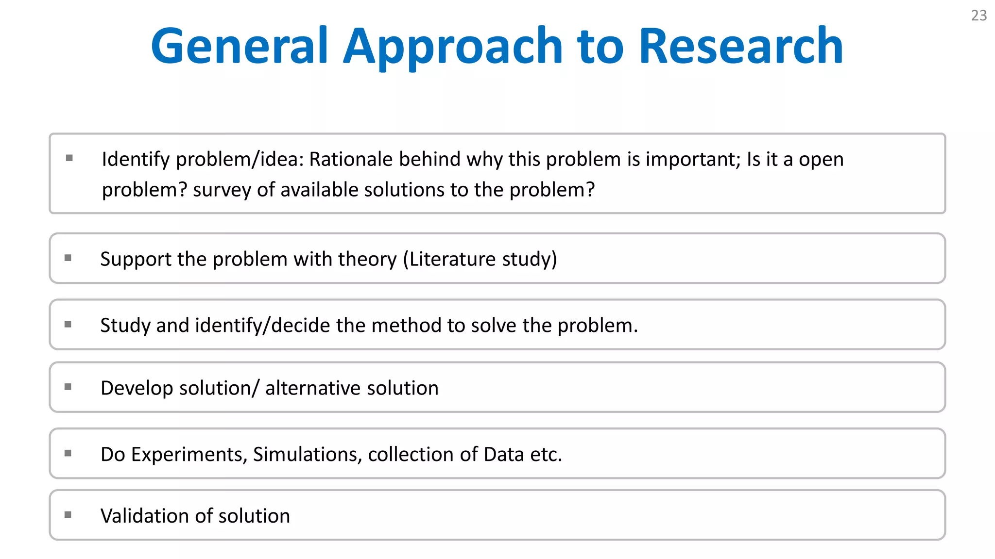 General Approach to Research
23
 Identify problem/idea: Rationale behind why this problem is important; Is it a open
problem? survey of available solutions to the problem?
 Support the problem with theory (Literature study)
 Study and identify/decide the method to solve the problem.
 Develop solution/ alternative solution
 Do Experiments, Simulations, collection of Data etc.
 Validation of solution
 