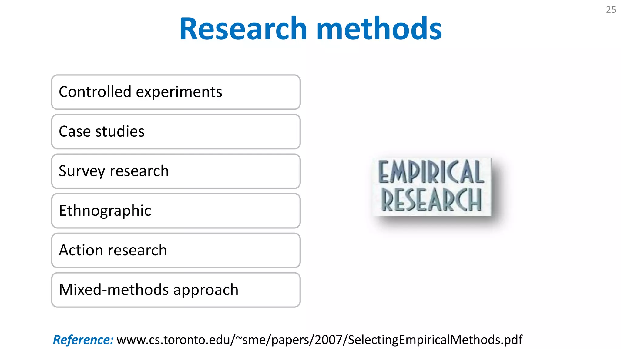 Research Methods
25
Controlled experiments
Case studies
Survey research
Ethnographic
Action research
Mixed-methods approach
Reference: www.cs.toronto.edu/~sme/papers/2007/SelectingEmpiricalMethods.pdf
 