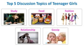 Top 5 Discussion Topics of Teenager Girls
Study Food Fashion
Relationship Gossip
 