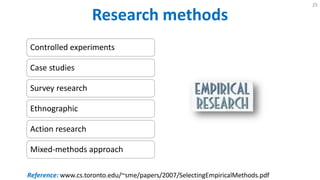 Research Methods
25
Controlled experiments
Case studies
Survey research
Ethnographic
Action research
Mixed-methods approach
Reference: www.cs.toronto.edu/~sme/papers/2007/SelectingEmpiricalMethods.pdf
 