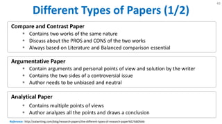 Different Types of Papers (1/2)
49
Analytical Paper
 Contains multiple points of views
 Author analyzes all the points and draws a conclusion
Argumentative Paper
 Contain arguments and personal points of view and solution by the writer
 Contains the two sides of a controversial issue
 Author needs to be unbiased and neutral
Compare and Contrast Paper
 Contains two works of the same nature
 Discuss about the PROS and CONS of the two works
 Always based on Literature and Balanced comparison essential
Reference: http://valwriting.com/blog/research-papers/the-different-types-of-research-paper%E2%80%A6
 