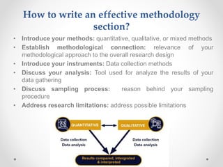 How to write an effective methodology
section?
• Introduce your methods: quantitative, qualitative, or mixed methods
• Establish methodological connection: relevance of your
methodological approach to the overall research design
• Introduce your instruments: Data collection methods
• Discuss your analysis: Tool used for analyze the results of your
data gathering
• Discuss sampling process: reason behind your sampling
procedure
• Address research limitations: address possible limitations
 