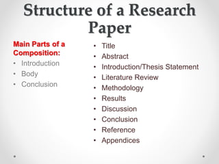 Structure of a Research
Paper
Main Parts of a
Composition:
• Introduction
• Body
• Conclusion
• Title
• Abstract
• Introduction/Thesis Statement
• Literature Review
• Methodology
• Results
• Discussion
• Conclusion
• Reference
• Appendices
 