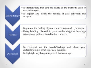 Methodology
•To demonstrate that you are aware of the methods used to
study this topic.
•To explain and justify the method of data collection and
analysis.
Results
•To present the finding of your research in an orderly manner.
•Using heading planned in your methodology or headings
arising from patterns found in the research.
Discussion
•To comment on the trends/findings and show your
understanding of what your data suggests.
•To highlight anything unexpected that came up.
 
