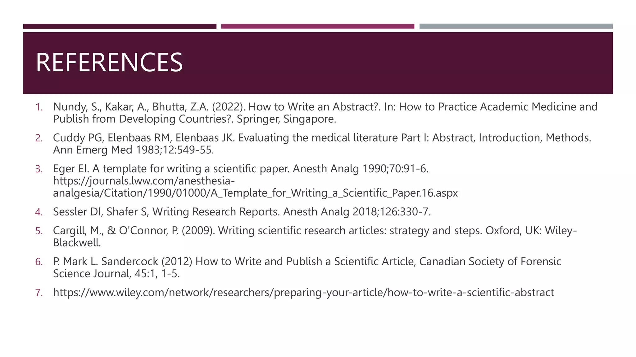 REFERENCES
1. Nundy, S., Kakar, A., Bhutta, Z.A. (2022). How to Write an Abstract?. In: How to Practice Academic Medicine and
Publish from Developing Countries?. Springer, Singapore.
2. Cuddy PG, Elenbaas RM, Elenbaas JK. Evaluating the medical literature Part I: Abstract, Introduction, Methods.
Ann Emerg Med 1983;12:549-55.
3. Eger EI. A template for writing a scientific paper. Anesth Analg 1990;70:91-6.
https://journals.lww.com/anesthesia-
analgesia/Citation/1990/01000/A_Template_for_Writing_a_Scientific_Paper.16.aspx
4. Sessler DI, Shafer S, Writing Research Reports. Anesth Analg 2018;126:330-7.
5. Cargill, M., & O'Connor, P. (2009). Writing scientific research articles: strategy and steps. Oxford, UK: Wiley-
Blackwell.
6. P. Mark L. Sandercock (2012) How to Write and Publish a Scientific Article, Canadian Society of Forensic
Science Journal, 45:1, 1-5.
7. https://www.wiley.com/network/researchers/preparing-your-article/how-to-write-a-scientific-abstract
 
