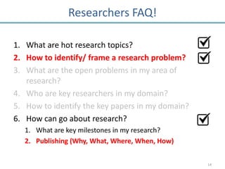 Researchers FAQ!

1. What are hot research topics?
2. How to identify/ frame a research problem?
3. What are the open problems in my area of
   research?
4. Who are key researchers in my domain?
5. How to identify the key papers in my domain?
6. How can go about research?
   1. What are key milestones in my research?
   2. Publishing (Why, What, Where, When, How)

                                                  14
 