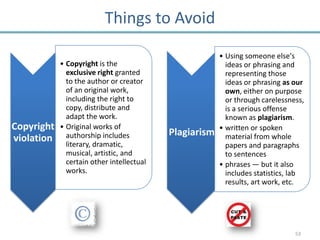 Things to Avoid
                                                        • Using someone else's
            • Copyright is the                            ideas or phrasing and
              exclusive right granted                     representing those
              to the author or creator                    ideas or phrasing as our
              of an original work,                        own, either on purpose
              including the right to                      or through carelessness,
              copy, distribute and                        is a serious offense
              adapt the work.                             known as plagiarism.
Copyright   • Original works of                         • written or spoken
              authorship includes          Plagiarism     material from whole
violation
              literary, dramatic,                         papers and paragraphs
              musical, artistic, and                      to sentences
              certain other intellectual                • phrases — but it also
              works.                                      includes statistics, lab
                                                          results, art work, etc.




                                                                               53
 