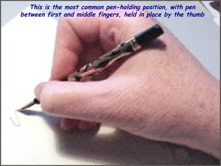 
This is the most common pen-holding position, with pen
between first and middle fingers, held in place by the thumb
 