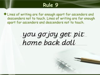 Rule 9
Lines of writing are far enough apart for ascenders and
descenders not to touch. Lines of writing are far enough
apart for ascenders and descenders not to touch.
 
