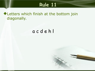 Rule 11
Letters which finish at the bottom join
diagonally.
a c d e h l
 