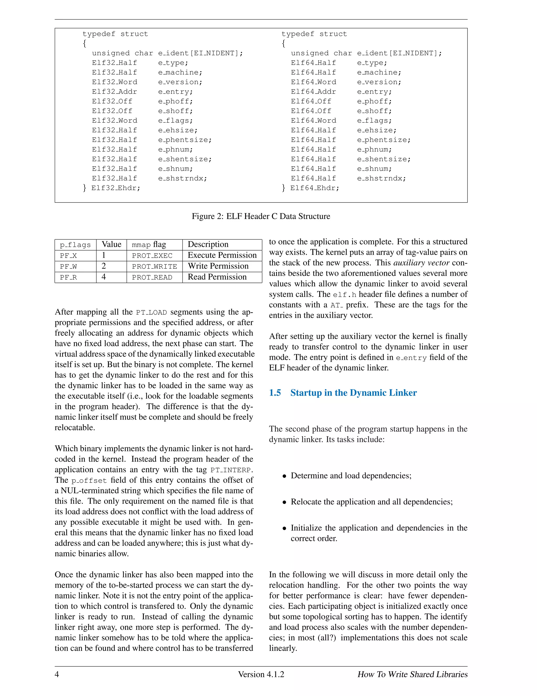 typedef struct typedef struct
{ {
unsigned char e ident[EI NIDENT]; unsigned char e ident[EI NIDENT];
Elf32 Half e type; Elf64 Half e type;
Elf32 Half e machine; Elf64 Half e machine;
Elf32 Word e version; Elf64 Word e version;
Elf32 Addr e entry; Elf64 Addr e entry;
Elf32 Off e phoff; Elf64 Off e phoff;
Elf32 Off e shoff; Elf64 Off e shoff;
Elf32 Word e flags; Elf64 Word e flags;
Elf32 Half e ehsize; Elf64 Half e ehsize;
Elf32 Half e phentsize; Elf64 Half e phentsize;
Elf32 Half e phnum; Elf64 Half e phnum;
Elf32 Half e shentsize; Elf64 Half e shentsize;
Elf32 Half e shnum; Elf64 Half e shnum;
Elf32 Half e shstrndx; Elf64 Half e shstrndx;
} Elf32 Ehdr; } Elf64 Ehdr;
Figure 2: ELF Header C Data Structure
p flags Value mmap ﬂag Description
PF X 1 PROT EXEC Execute Permission
PF W 2 PROT WRITE Write Permission
PF R 4 PROT READ Read Permission
After mapping all the PT LOAD segments using the ap-
propriate permissions and the speciﬁed address, or after
freely allocating an address for dynamic objects which
have no ﬁxed load address, the next phase can start. The
virtual address space of the dynamically linked executable
itself is set up. But the binary is not complete. The kernel
has to get the dynamic linker to do the rest and for this
the dynamic linker has to be loaded in the same way as
the executable itself (i.e., look for the loadable segments
in the program header). The difference is that the dy-
namic linker itself must be complete and should be freely
relocatable.
Which binary implements the dynamic linker is not hard-
coded in the kernel. Instead the program header of the
application contains an entry with the tag PT INTERP.
The p offset ﬁeld of this entry contains the offset of
a NUL-terminated string which speciﬁes the ﬁle name of
this ﬁle. The only requirement on the named ﬁle is that
its load address does not conﬂict with the load address of
any possible executable it might be used with. In gen-
eral this means that the dynamic linker has no ﬁxed load
address and can be loaded anywhere; this is just what dy-
namic binaries allow.
Once the dynamic linker has also been mapped into the
memory of the to-be-started process we can start the dy-
namic linker. Note it is not the entry point of the applica-
tion to which control is transfered to. Only the dynamic
linker is ready to run. Instead of calling the dynamic
linker right away, one more step is performed. The dy-
namic linker somehow has to be told where the applica-
tion can be found and where control has to be transferred
to once the application is complete. For this a structured
way exists. The kernel puts an array of tag-value pairs on
the stack of the new process. This auxiliary vector con-
tains beside the two aforementioned values several more
values which allow the dynamic linker to avoid several
system calls. The elf.h header ﬁle deﬁnes a number of
constants with a AT preﬁx. These are the tags for the
entries in the auxiliary vector.
After setting up the auxiliary vector the kernel is ﬁnally
ready to transfer control to the dynamic linker in user
mode. The entry point is deﬁned in e entry ﬁeld of the
ELF header of the dynamic linker.
1.5 Startup in the Dynamic Linker
The second phase of the program startup happens in the
dynamic linker. Its tasks include:
• Determine and load dependencies;
• Relocate the application and all dependencies;
• Initialize the application and dependencies in the
correct order.
In the following we will discuss in more detail only the
relocation handling. For the other two points the way
for better performance is clear: have fewer dependen-
cies. Each participating object is initialized exactly once
but some topological sorting has to happen. The identify
and load process also scales with the number dependen-
cies; in most (all?) implementations this does not scale
linearly.
4 Version 4.1.2 How To Write Shared Libraries
 